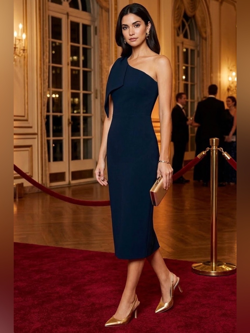DRESS THE POPULATION Tiffany One-shoulder Bow Bodycon Midi Dress Navy S NWT